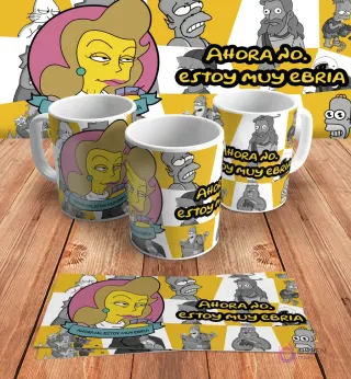 Diseño para taza de sublimación con LaBarbra Conrad (personaje de Futurama en estilo Los Simpsons) y la frase 'Ahora no, estoy muy ebria', en mockups de tazas y diseño plano.