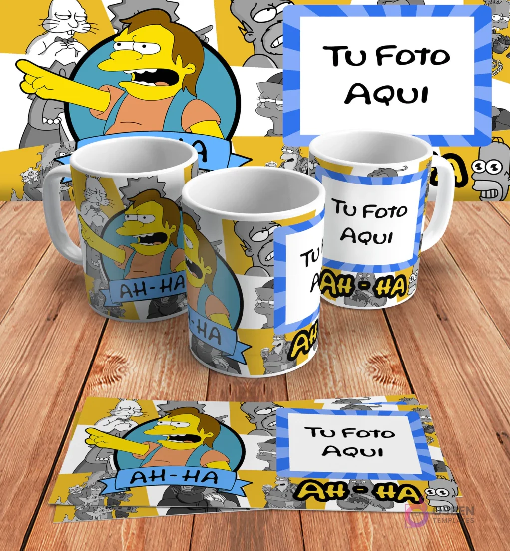Plantilla personalizable para taza de sublimación de Los Simpsons, con espacio para añadir 'Tu Foto Aquí' junto al diseño de Nelson Muntz y 'Ah-Ha', en mockups.