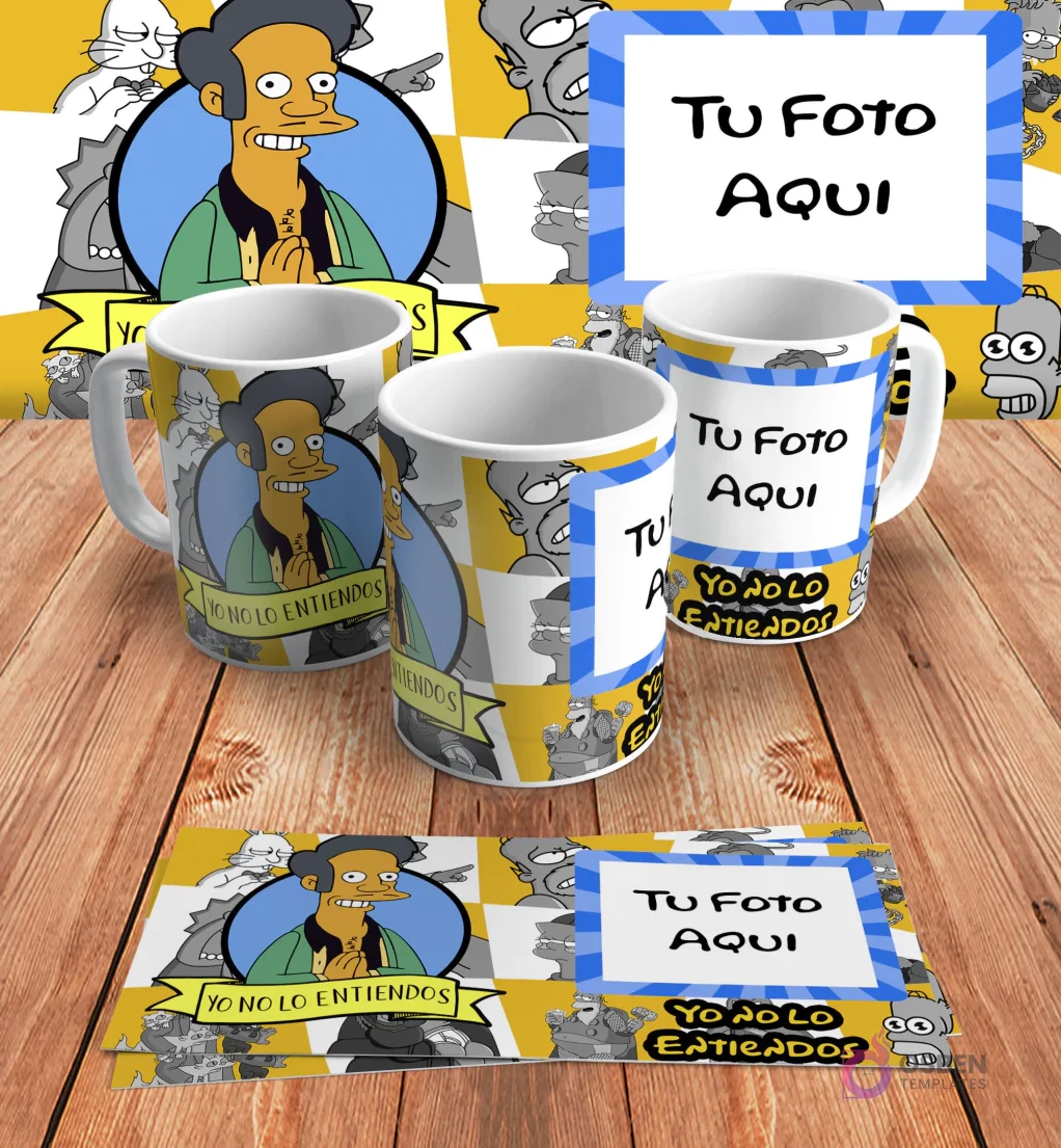 Plantilla personalizable para taza de sublimación de Los Simpsons, con espacio para añadir 'Tu Foto Aquí' junto al diseño de Apu y la frase 'Yo no lo entiendos', en mockups.