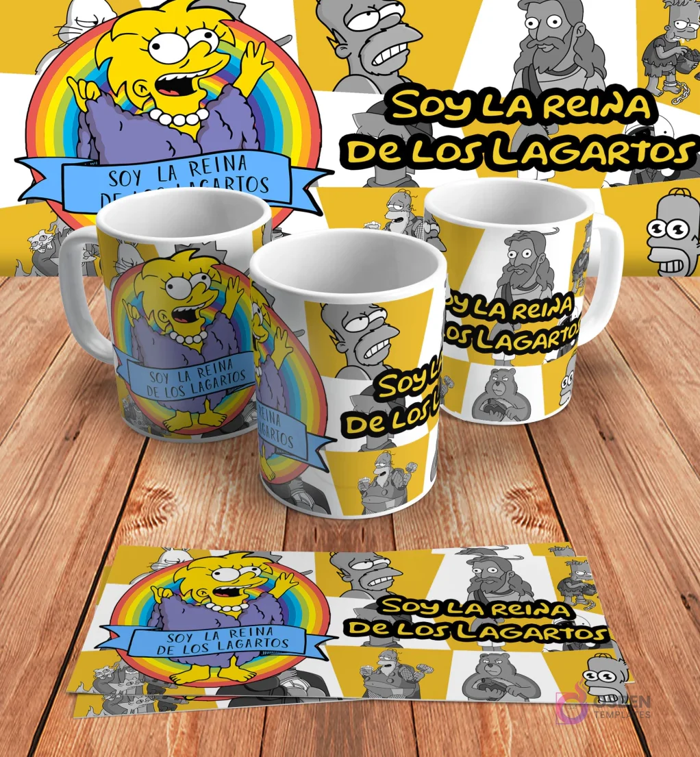 Diseño para taza de sublimación con Agnes Skinner de Los Simpsons y la frase 'Soy la Reina de los Lagartos', en mockups de tazas y diseño plano sobre madera.