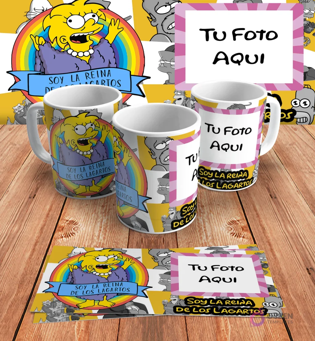 Plantilla personalizable para taza de sublimación de Los Simpsons, con espacio para añadir 'Tu Foto Aquí' junto al diseño de Agnes Skinner y 'Soy la Reina de los Lagartos', en mockups.