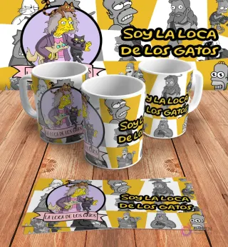 Diseño para taza de sublimación con Eleanor Abernathy, 'la loca de los gatos' de Los Simpsons, rodeada de sus gatos y la frase 'Soy la Loca de los Gatos', en mockups.