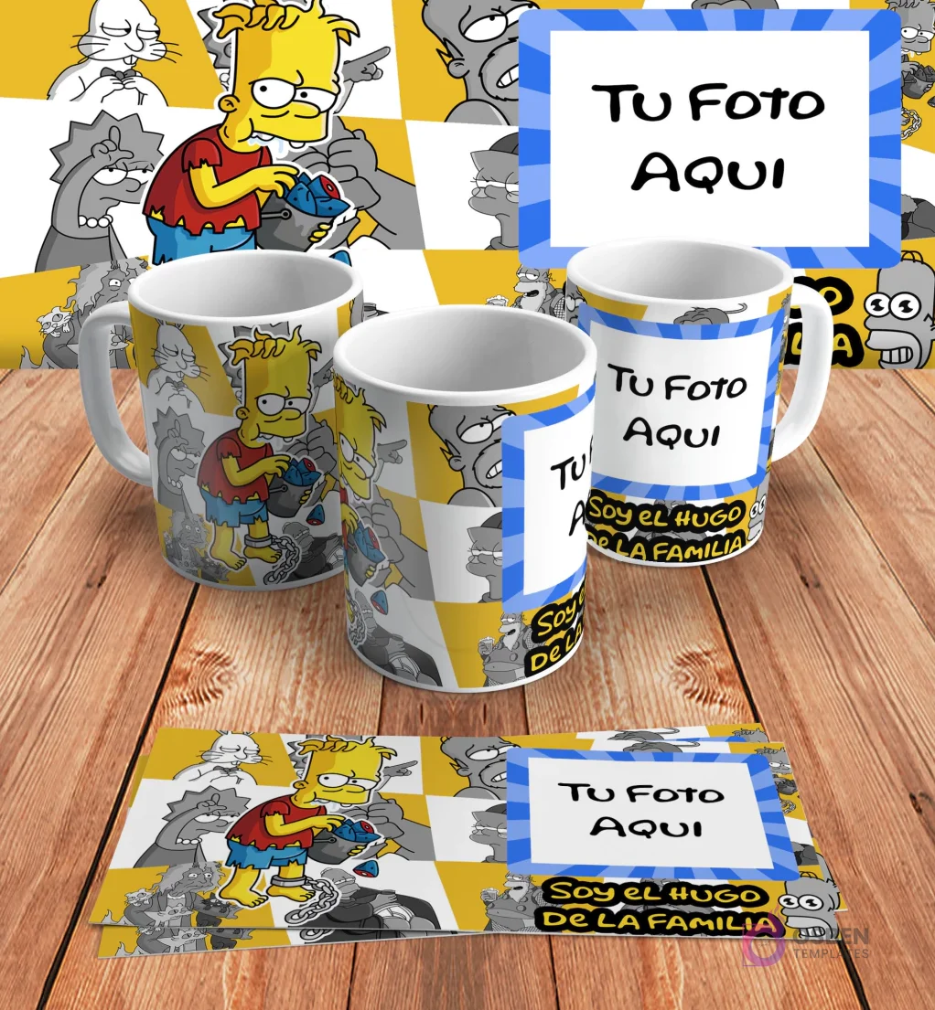 Plantilla personalizable para taza de sublimación de Los Simpsons, con espacio para añadir 'Tu Foto Aquí' junto al diseño de Bart como Hugo y 'Soy el Hugo de la familia', en mockups.