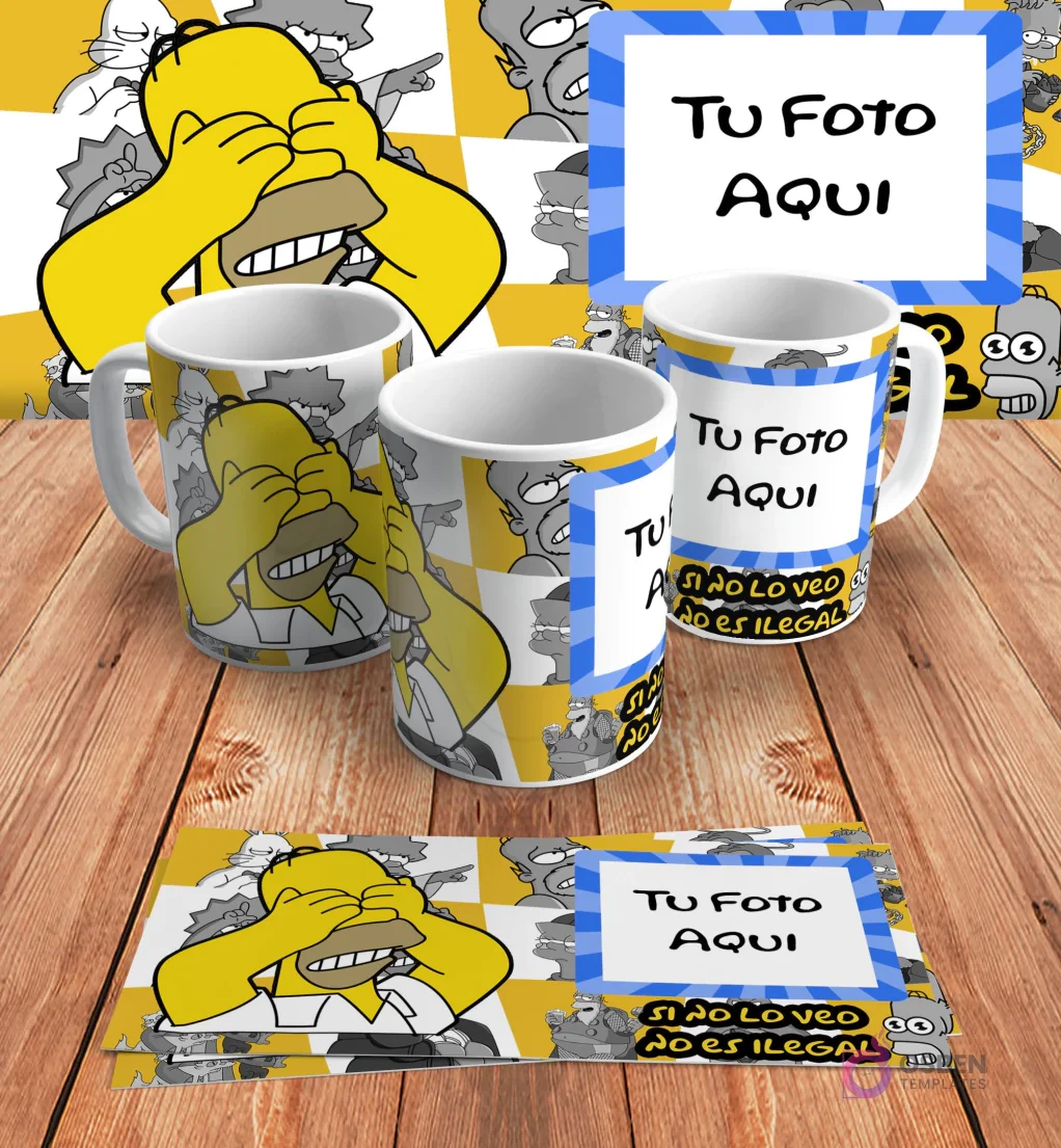 Plantilla personalizable para taza de sublimación de Los Simpsons, con espacio para añadir 'Tu Foto Aquí' junto al diseño de Homer Simpson y 'Si no lo veo no es ilegal', en mockups.