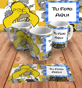 Plantilla personalizable para taza de sublimación de Los Simpsons, con espacio para añadir 'Tu Foto Aquí' junto al diseño de Homer Simpson y 'Si no lo veo no es ilegal', en mockups.