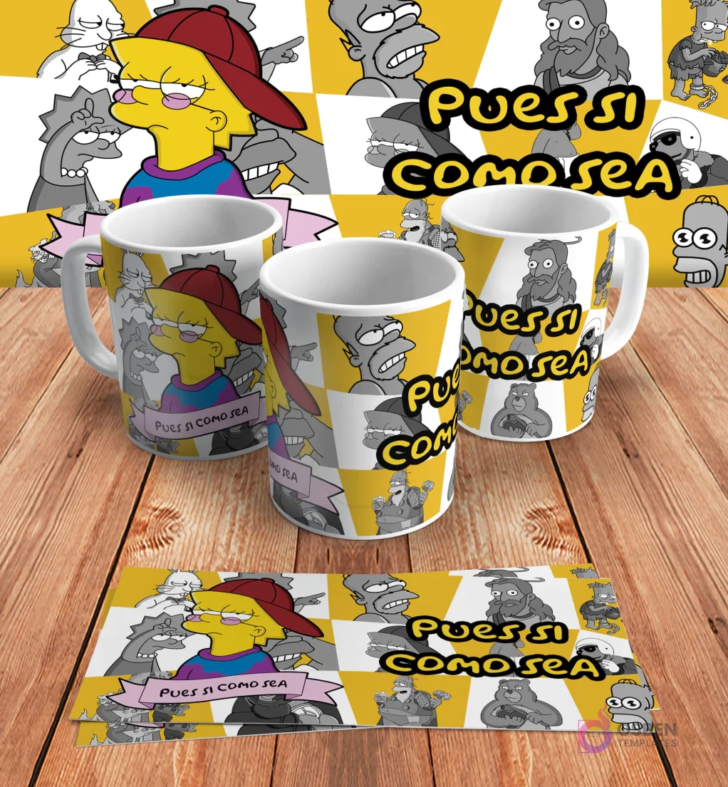 Diseño para taza de sublimación con Lisa Simpson estilo rapera, con gorra y gafas, y la frase 'Pues sí, como sea', en mockups de tazas y diseño plano sobre madera.