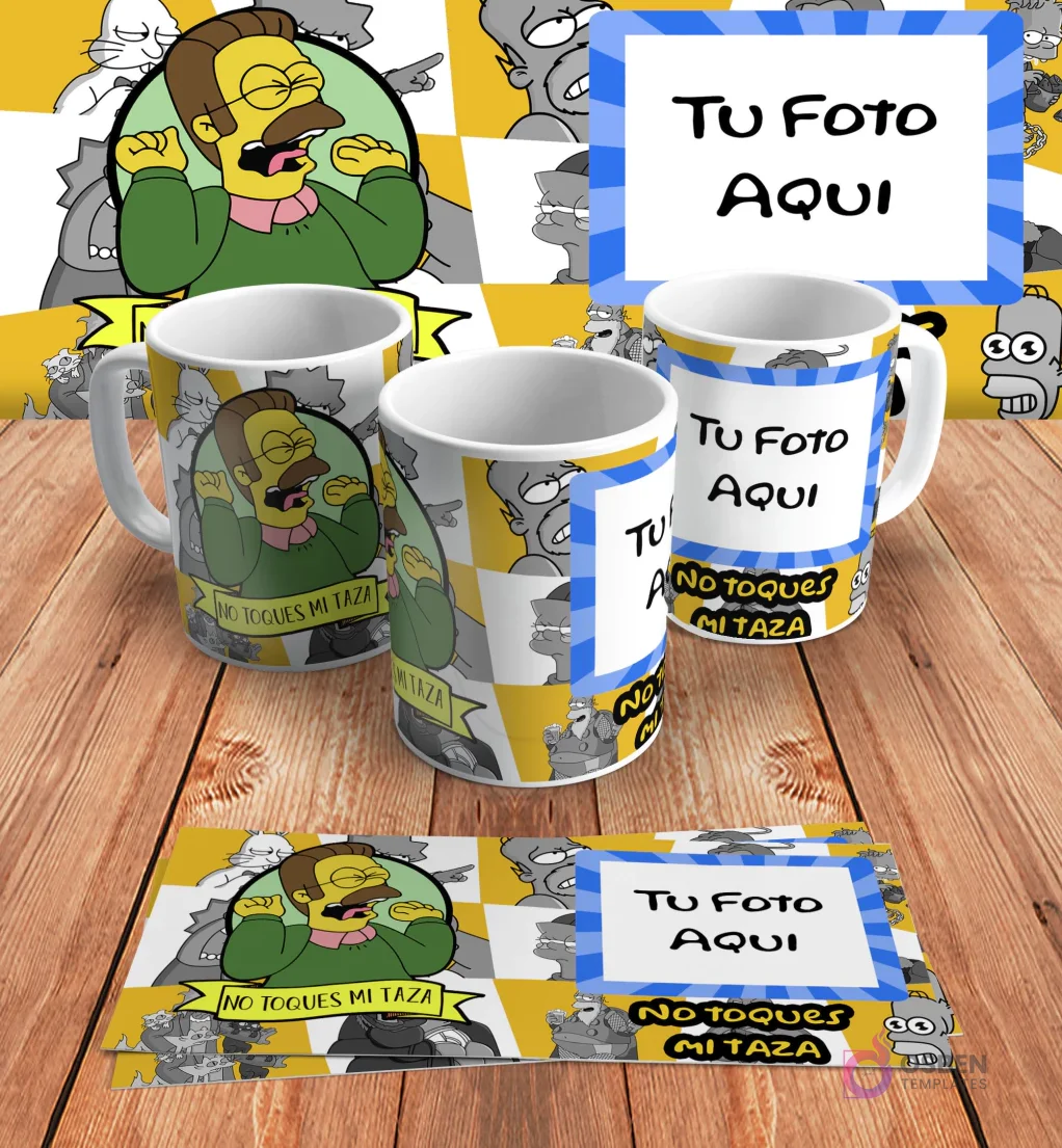 Plantilla personalizable para taza de sublimación de Los Simpsons, con espacio para añadir 'Tu Foto Aquí' junto al diseño de Ned Flanders y 'No toques mi taza', en mockups.