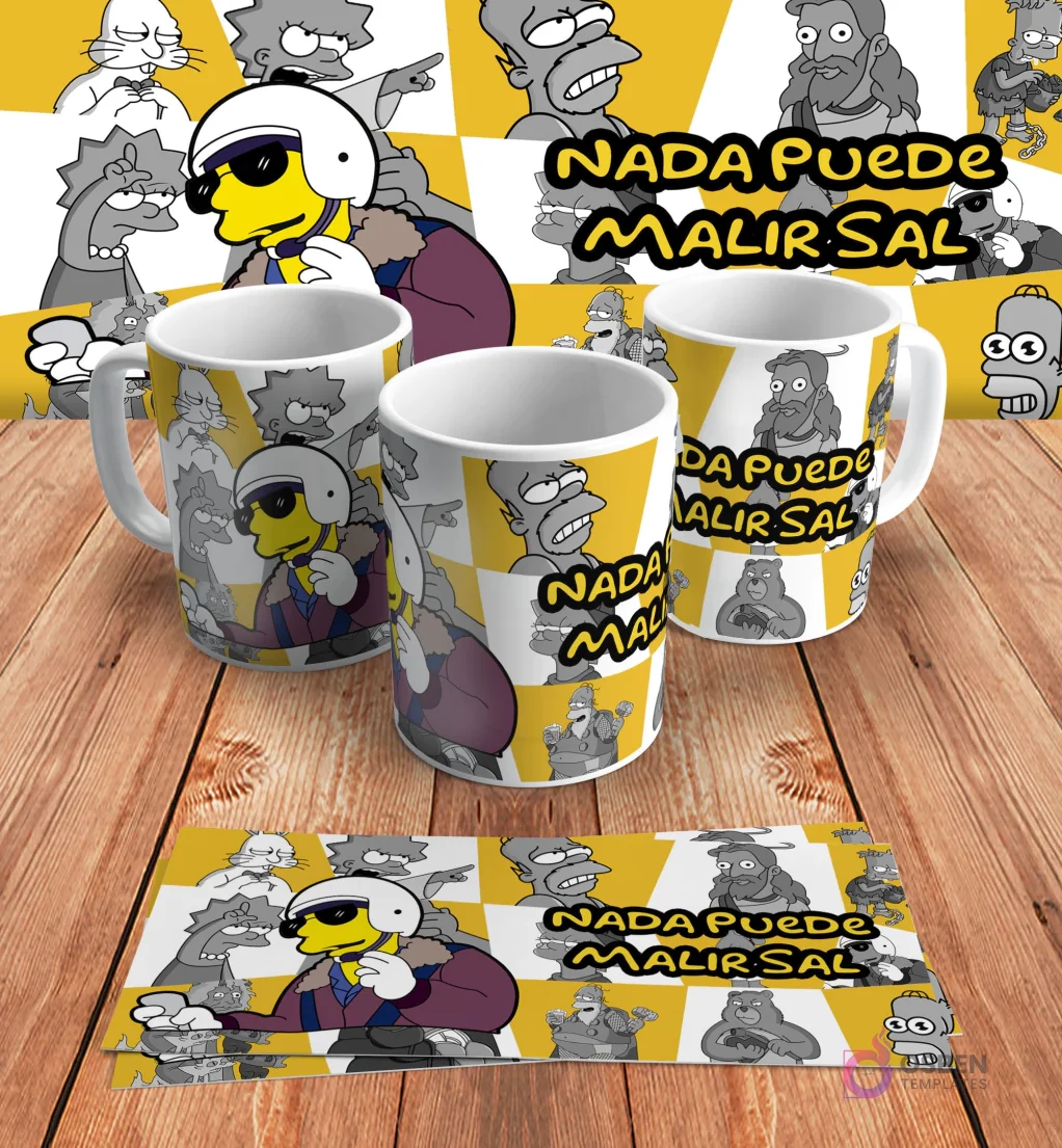 Diseño para taza de sublimación con Bart Simpson con casco y gafas de sol, y la frase 'Nada puede malir sal', en mockups de tazas y diseño plano sobre madera.