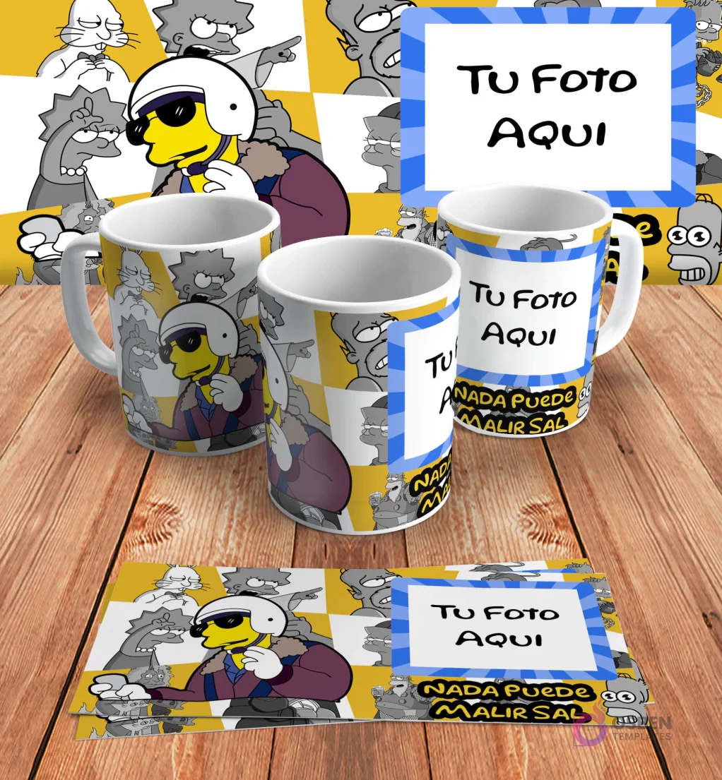 Plantilla personalizable para taza de sublimación de Los Simpsons, con espacio para añadir 'Tu Foto Aquí' junto al diseño de Bart con casco y 'Nada puede malir sal', en mockups.