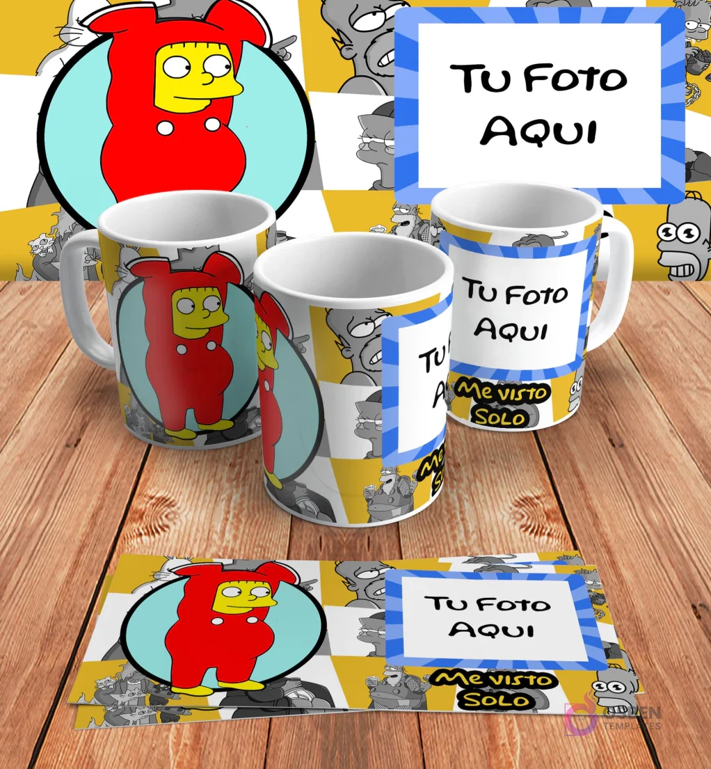 Plantilla personalizable para taza de sublimación de Los Simpsons, con espacio para añadir 'Tu Foto Aquí' junto al diseño de Maggie disfrazada de Homer y 'Me visto solo', en mockups.