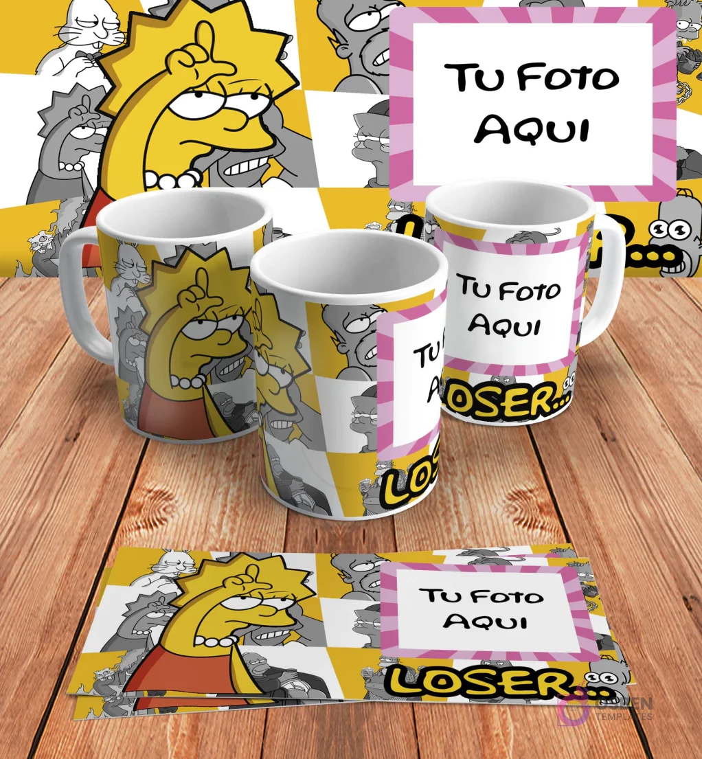 Plantilla personalizable para taza de sublimación de Los Simpsons, con espacio para añadir 'Tu Foto Aquí' junto al diseño de Lisa y la palabra 'LOSER...', en mockups.