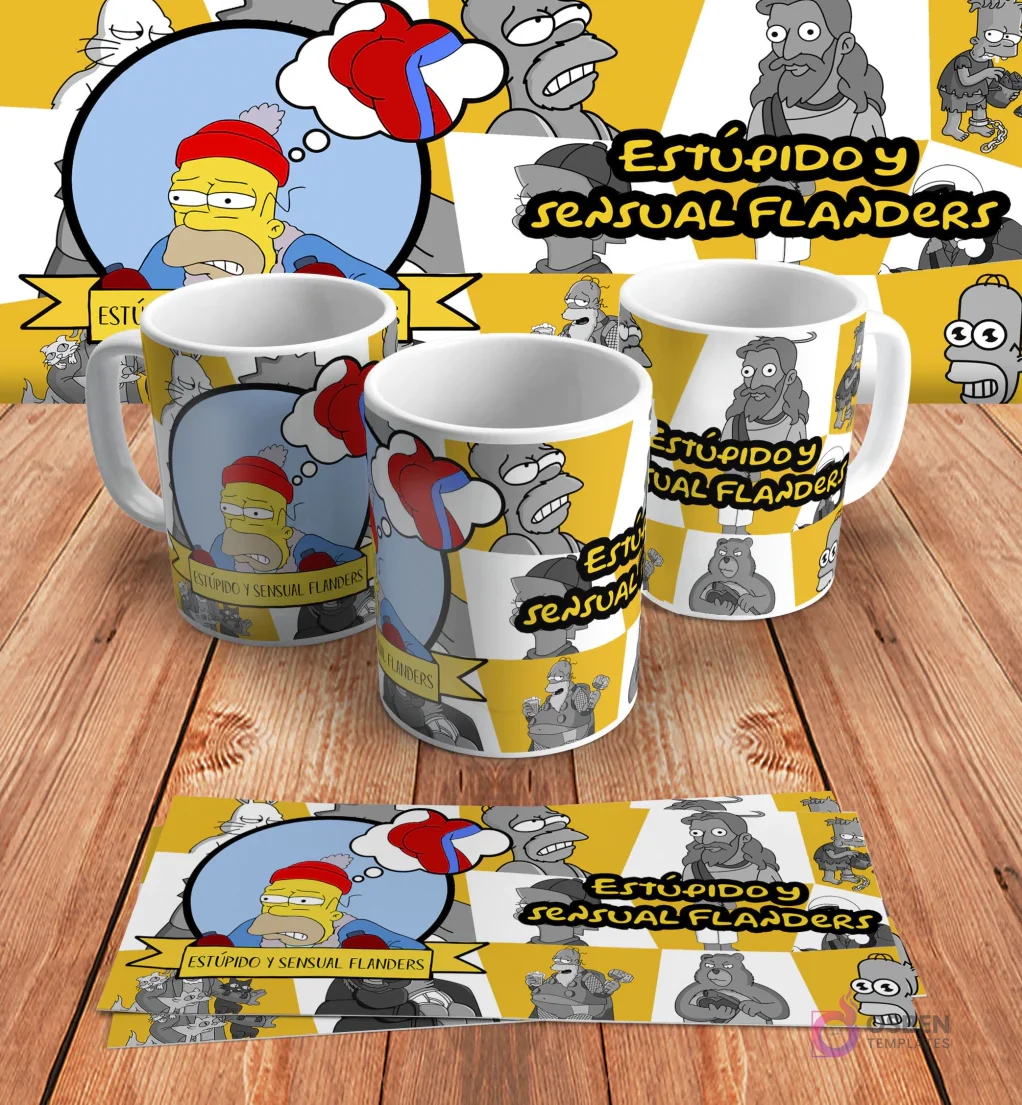 Diseño para taza de sublimación con Homer Simpson soñando con Ned Flanders, con la frase 'Estúpido y sensual Flanders', en mockups de tazas y diseño plano sobre madera.