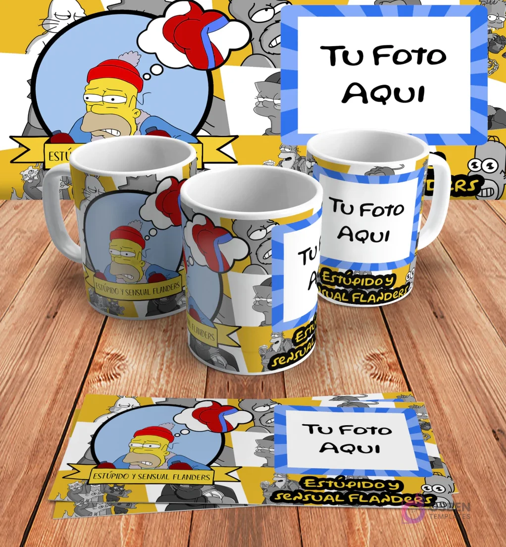 Plantilla personalizable para taza de sublimación de Los Simpsons, con espacio para añadir 'Tu Foto Aquí' junto al diseño de 'Estúpido y sensual Flanders' de Homer, en mockups.