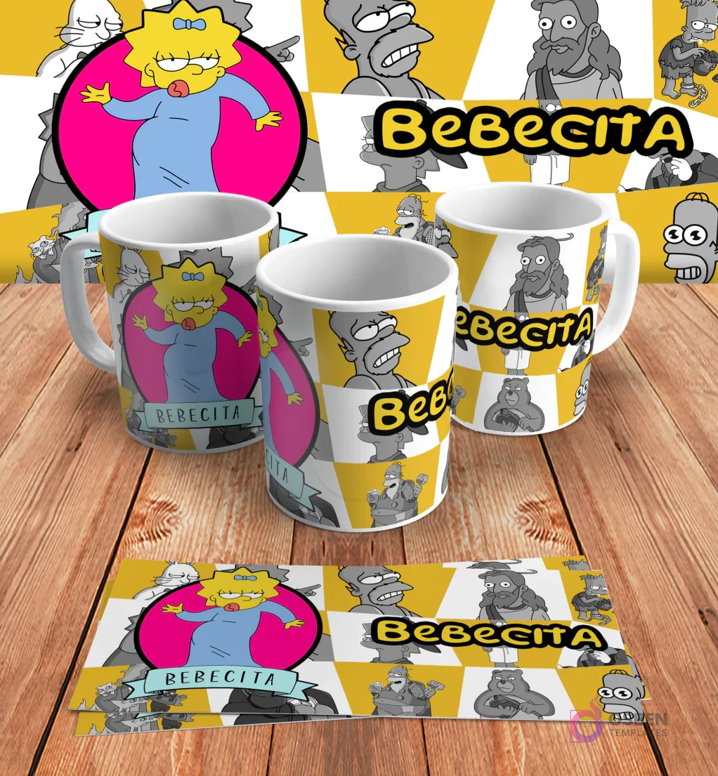Diseño para taza de sublimación con Maggie Simpson como una 'Bebecita' con la frase 'Bebecita', en mockups de tazas y diseño plano sobre madera.