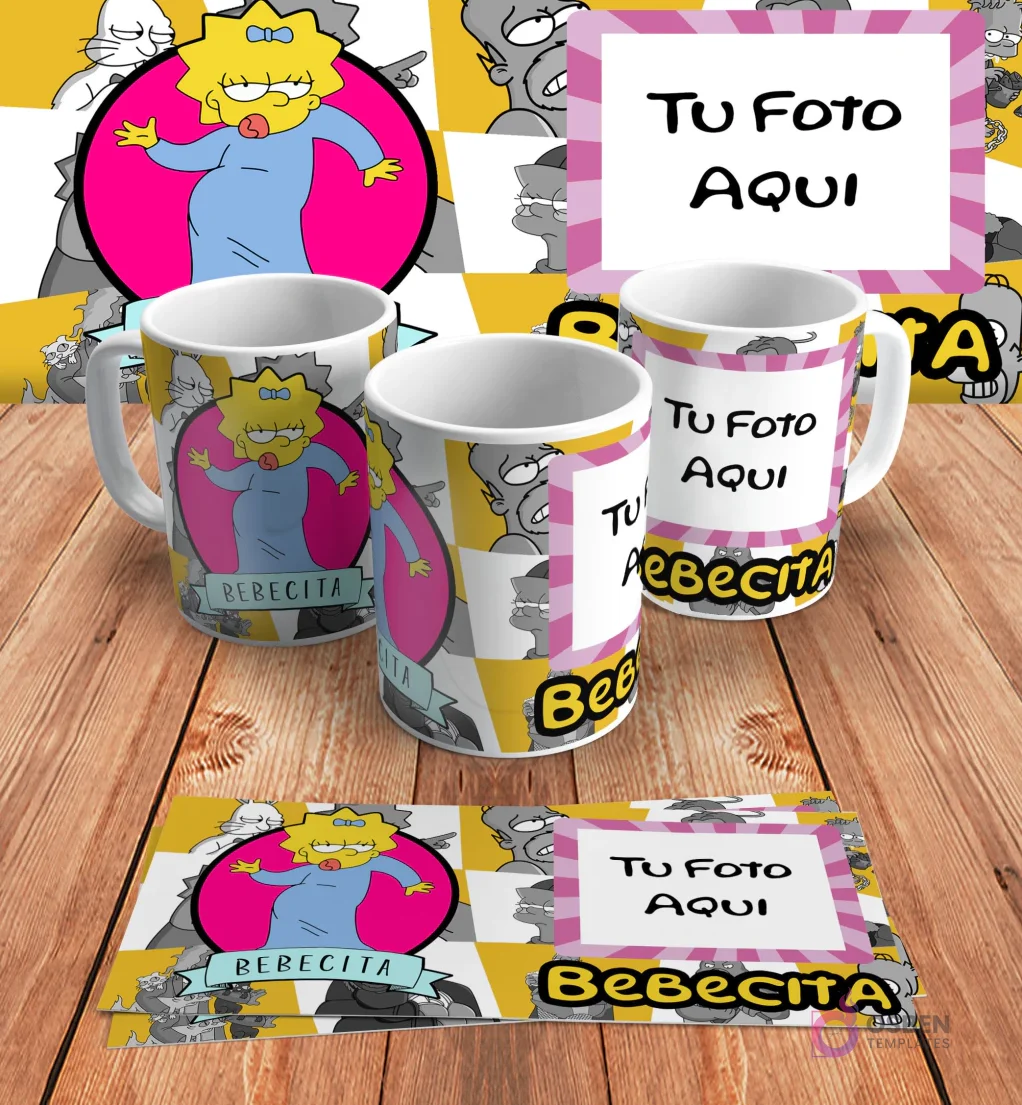 Plantilla personalizable para taza de sublimación de Los Simpsons, con espacio para añadir 'Tu Foto Aquí' junto al diseño de Maggie como 'Bebecita', en mockups.