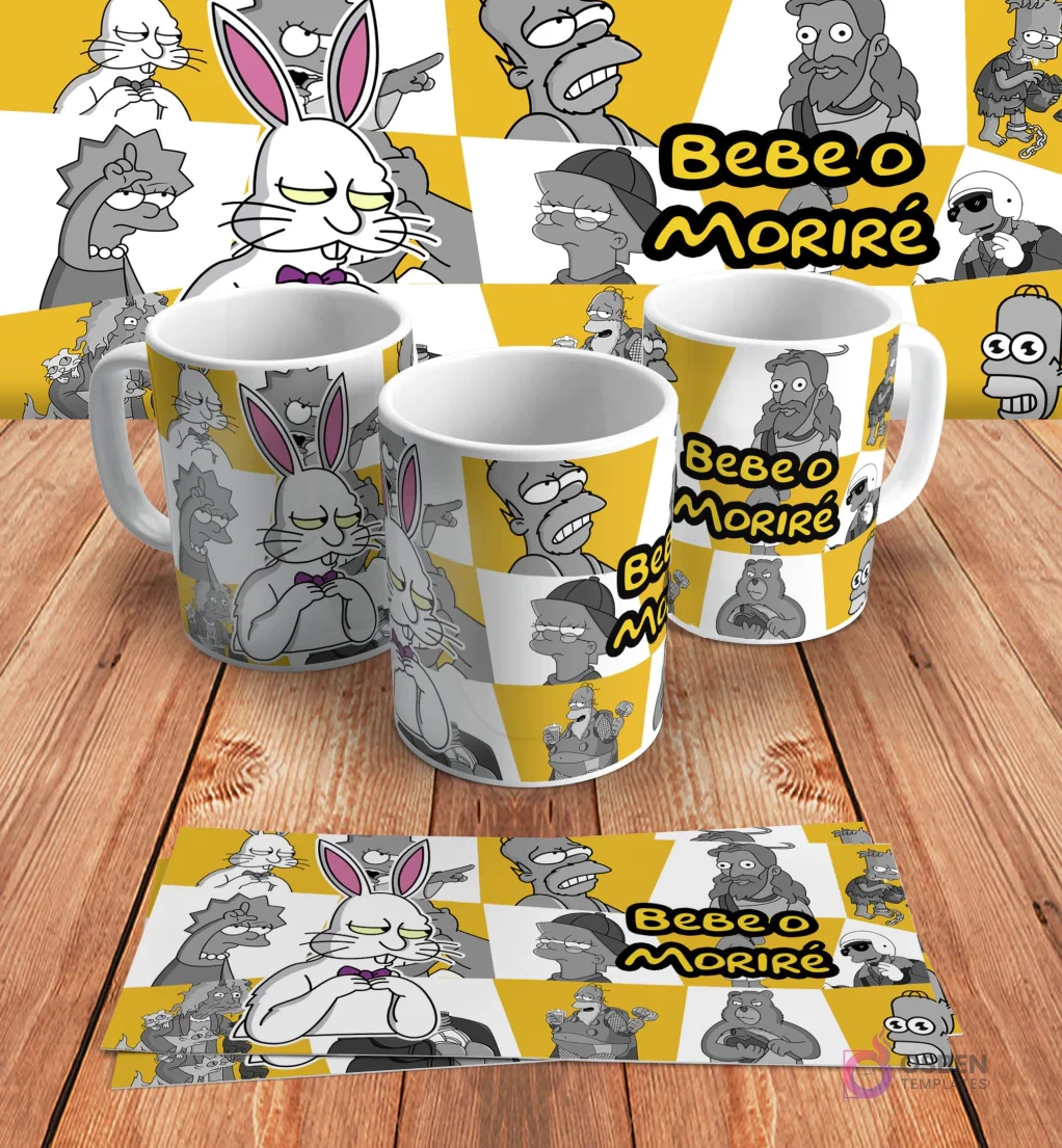 Diseño para taza de sublimación con Bart Simpson caricaturizado como un conejo y la frase 'Bebo o Moriré', en mockups de tazas y diseño plano sobre madera.