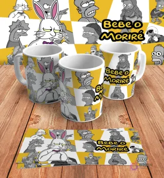 Diseño para taza de sublimación con Bart Simpson caricaturizado como un conejo y la frase 'Bebo o Moriré', en mockups de tazas y diseño plano sobre madera.