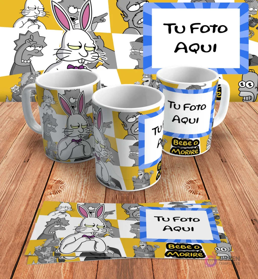 Plantilla personalizable para taza de sublimación de Los Simpsons, con espacio para añadir 'Tu Foto Aquí' junto al diseño de Bart conejo y 'Bebo o Moriré', en mockups.