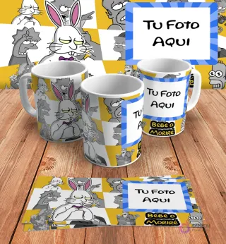 Plantilla personalizable para taza de sublimación de Los Simpsons, con espacio para añadir 'Tu Foto Aquí' junto al diseño de Bart conejo y 'Bebo o Moriré', en mockups.
