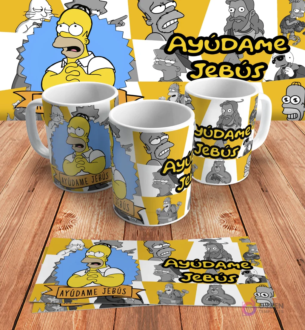 Diseño para taza de sublimación con Homer Simpson imitando al Jesús estilo Los Simpsons y la frase 'Ayúdame Jebús', presentado en tres mockups de tazas y un diseño plano sobre madera.