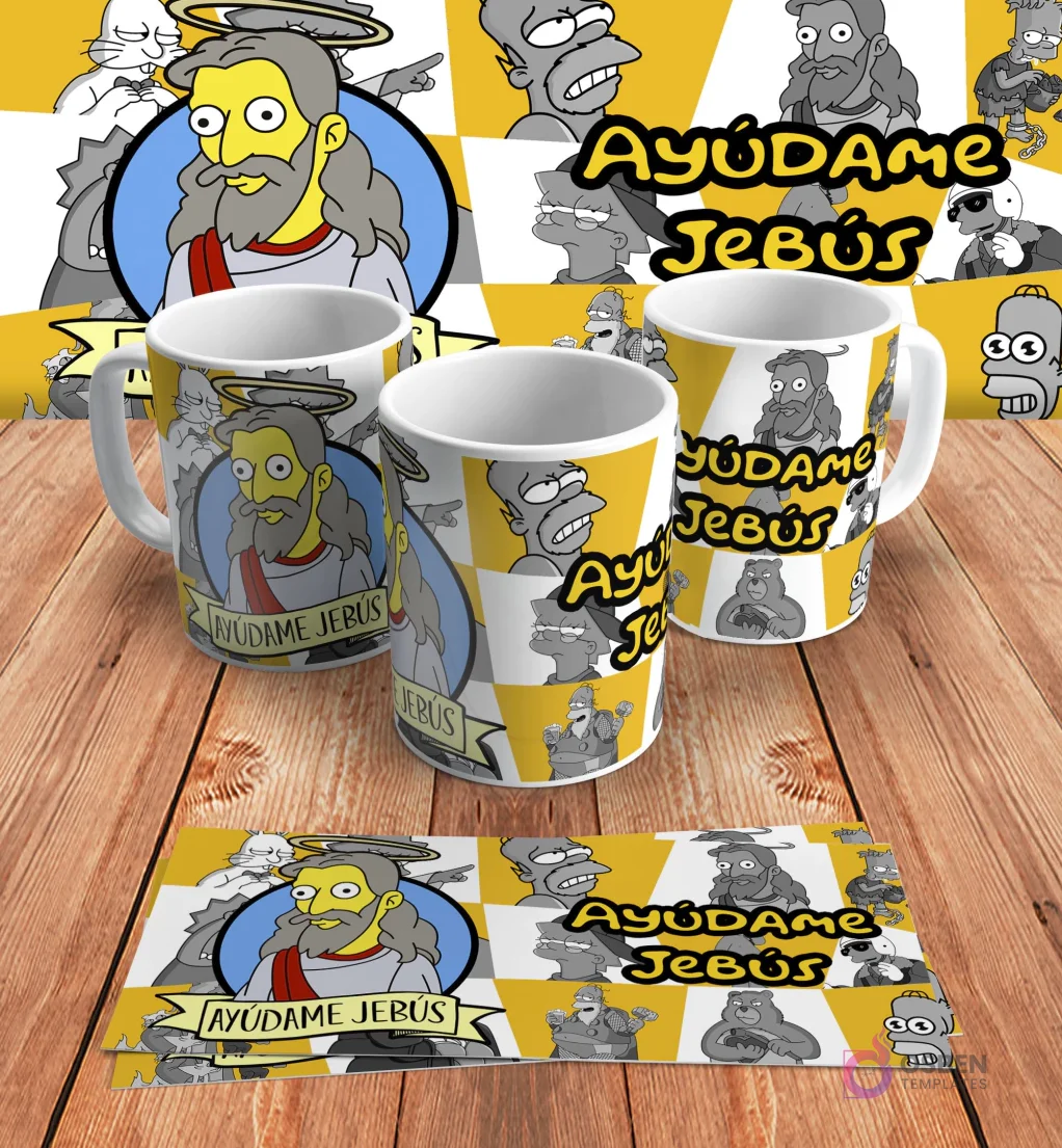 Diseño para taza de sublimación con el personaje de Jesús estilo Los Simpsons y la frase 'Ayúdame Jebús', presentado en tres mockups de tazas y un diseño plano sobre madera.