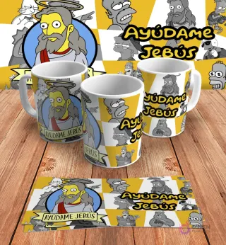 Diseño para taza de sublimación con el personaje de Jesús estilo Los Simpsons y la frase 'Ayúdame Jebús', presentado en tres mockups de tazas y un diseño plano sobre madera.