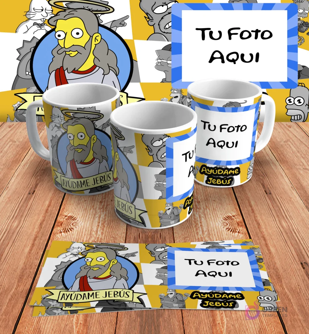 Plantilla personalizable para taza de sublimación de Los Simpsons, con espacio para añadir 'Tu Foto Aquí' junto al diseño del personaje de Jesús estilo Los Simpsons y la frase 'Ayúdame Jebús', en mockups.