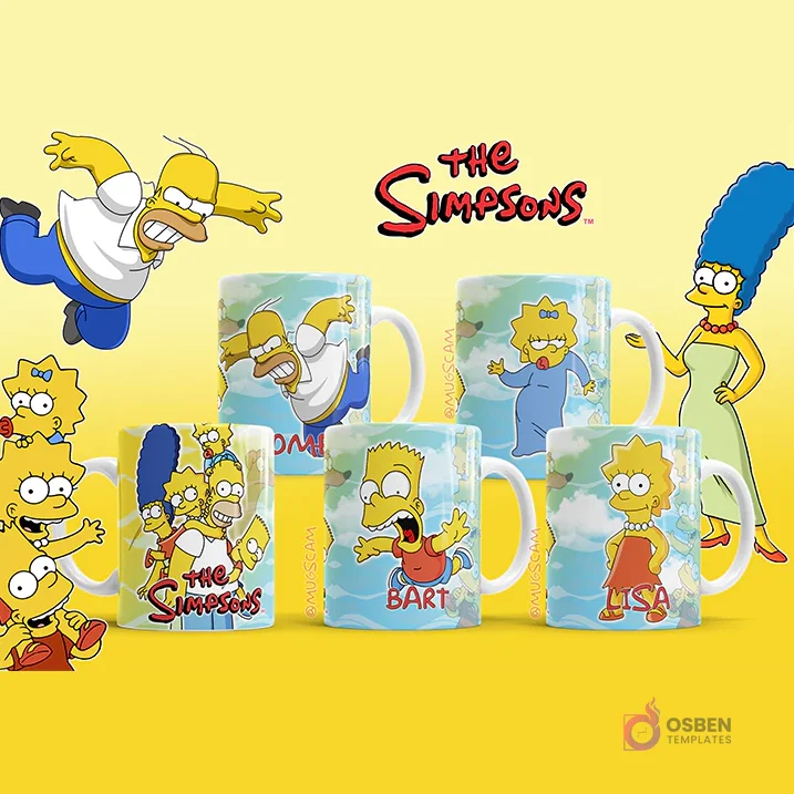 Mockups de tazas con diseños de la familia Simpson: Homer, Marge, Bart, Lisa y Maggie, sobre fondo amarillo y celeste.