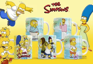 Cuatro mockups de tazas con personajes secundarios de Los Simpsons: Ralph Wiggum, Lenny Leonard, Kearney y Nelson, con Homer, Marge, Bart, Lisa y Maggie de fondo.