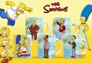 Mockups de tazas con diseños de Kent Brockman, Barney Gumble, Carl Carlson y el Profesor Frink de Los Simpsons.