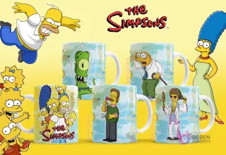 Tazas de sublimación con diseños de Kang, Kodos, Sideshow Mel, Ned Flanders y Disco Stu de Los Simpsons.