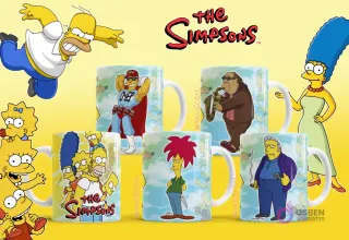 Mockups de tazas con personajes de Los Simpsons: Duffman, Bleeding Gums Murphy, Sideshow Bob y el Jefe Wiggum.
