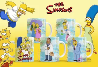 Tazas con diseños de Patty y Selma, Profesor Frink con un matraz, Dr. Hibbert y Homer disfrazado de "número uno" de Los Simpsons.