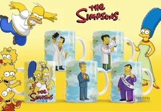 Mockups de tazas con el Vendedor de Cómics, Apu Nahasapeemapetilon, Director Skinner y el Alcalde Quimby de Los Simpsons.