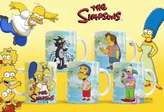 Mockups de tazas con personajes de Los Simpsons: Scratchy, Nelson Muntz, Milhouse Van Houten y Krusty el Payaso.