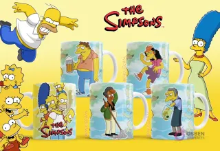Tazas con diseños de Barney Gumble, Otto Mann, Apu barriendo y Moe Szyslak de Los Simpsons.