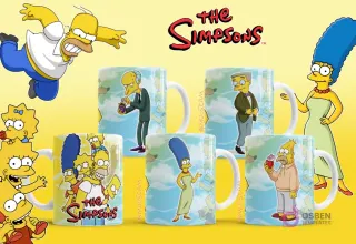 Mockups de tazas con diseños del Sr. Burns, Waylon Smithers, Marge Simpson y el Abuelo Abraham Simpson.