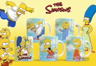 Tazas con diseños de la familia Simpson: Homer, Marge, Bart, Lisa y Maggie, ilustrando el Pack N°7.
