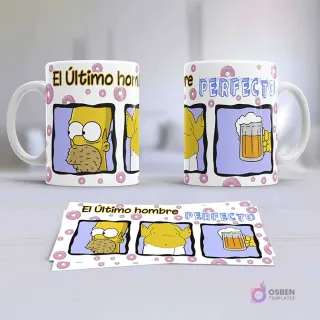 Taza sublimada con diseño de Los Simpsons: Homer con barba y Bart con chupete, frase 'El Último hombre perfecto' sobre fondo de donas rosadas.