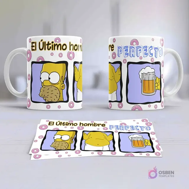 Taza sublimada con diseño de Los Simpsons: Homer con barba y Bart con chupete, frase 'El Último hombre perfecto' sobre fondo de donas rosadas.