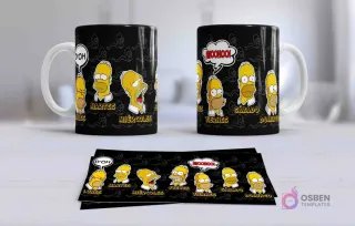 Taza con diseño de Homer Simpson en diferentes poses y expresiones para cada día de la semana (Lunes a Domingo), incluyendo frases 'D'oh' y 'Woohoo!' sobre fondo negro.