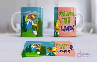 Taza con diseños de Los Simpsons: Homer vestido de jardinero en un lado y Bart grafitero en el otro, con la frase humorística 'Yoli Por Ti Lunes'.