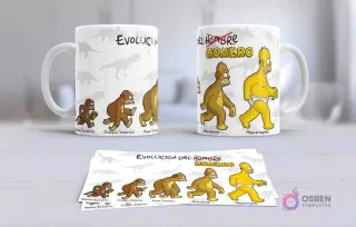Taza con diseño de la 'Evolución del Hombre Homero' parodiando la teoría evolutiva, culminando en Homer Simpson con ropa interior sobre un fondo de siluetas de dinosaurios.