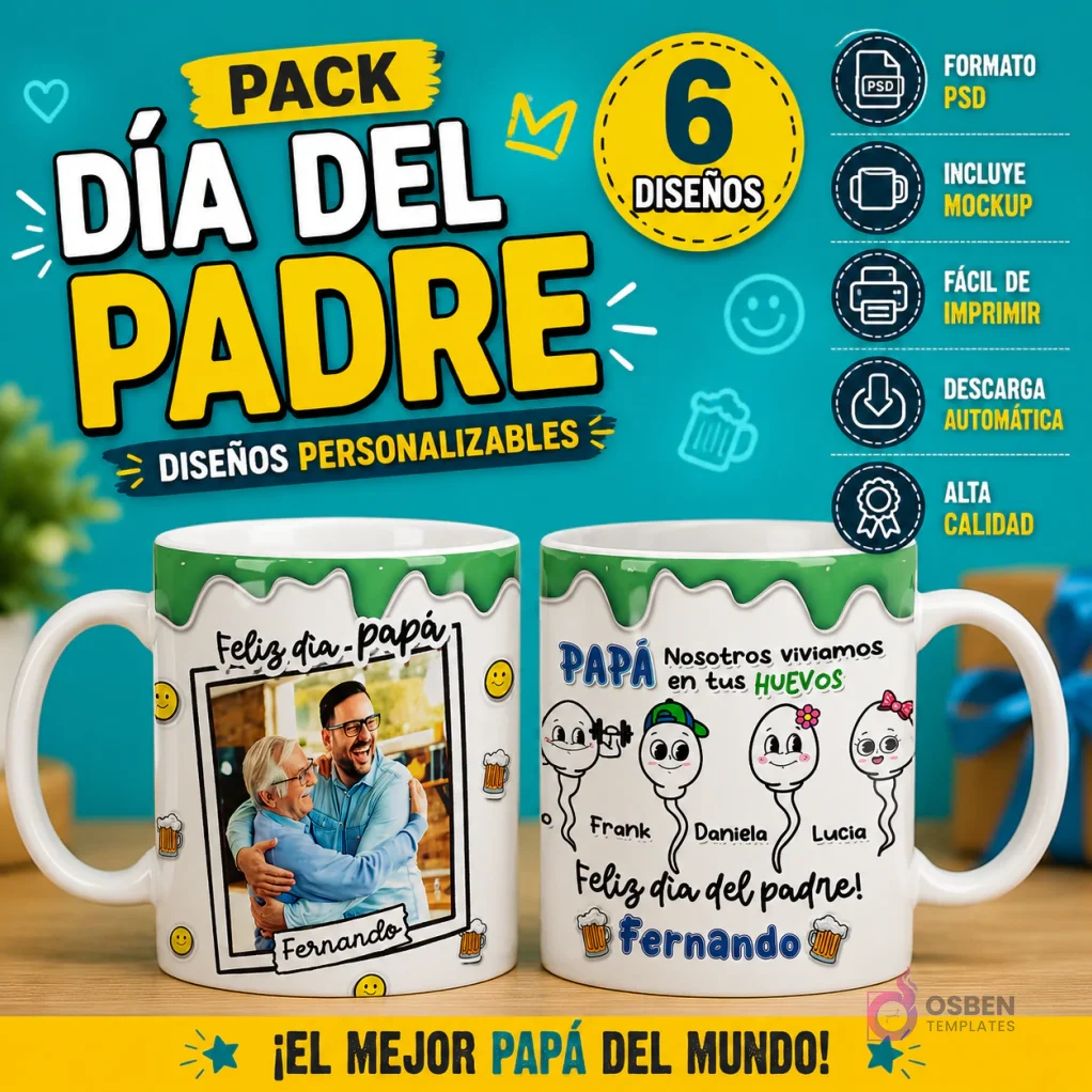 Pack de 6 plantillas PSD para tazas Día del Padre con humor, mostrando dos tazas sublimadas con diseño de foto personalizable y personajes de espermatozoides con frase 'Nosotros vivíamos en tus HUEVOS', fondo azul.