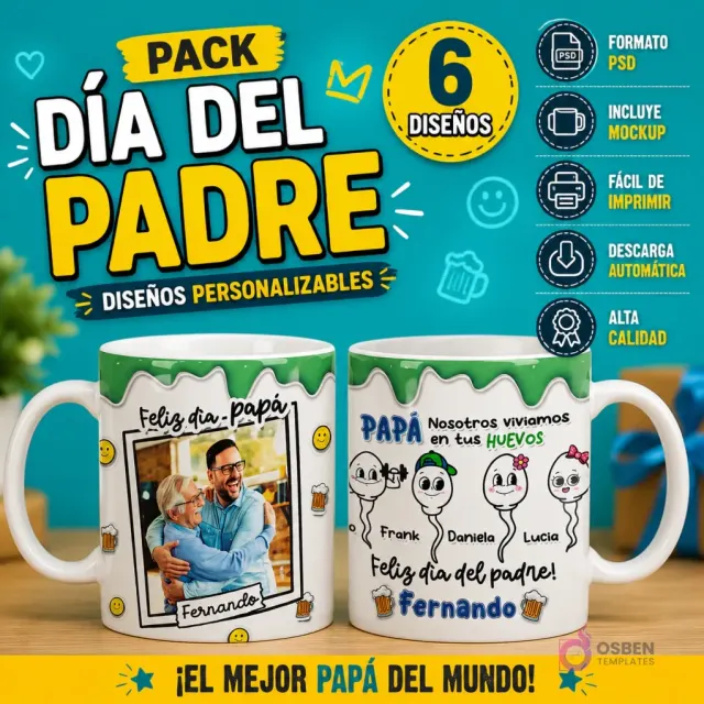 Pack de 6 plantillas PSD para tazas Día del Padre con humor, mostrando dos tazas sublimadas con diseño de foto personalizable y personajes de espermatozoides con frase 'Nosotros vivíamos en tus HUEVOS', fondo azul.