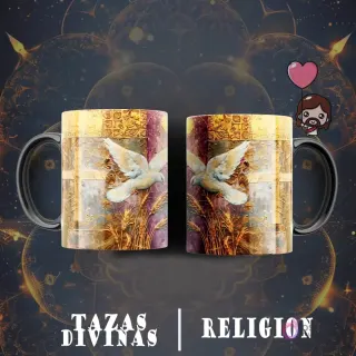 Taza sublimada con diseño de dos palomas blancas volando entre campos de trigo dorados, con textura brillante.