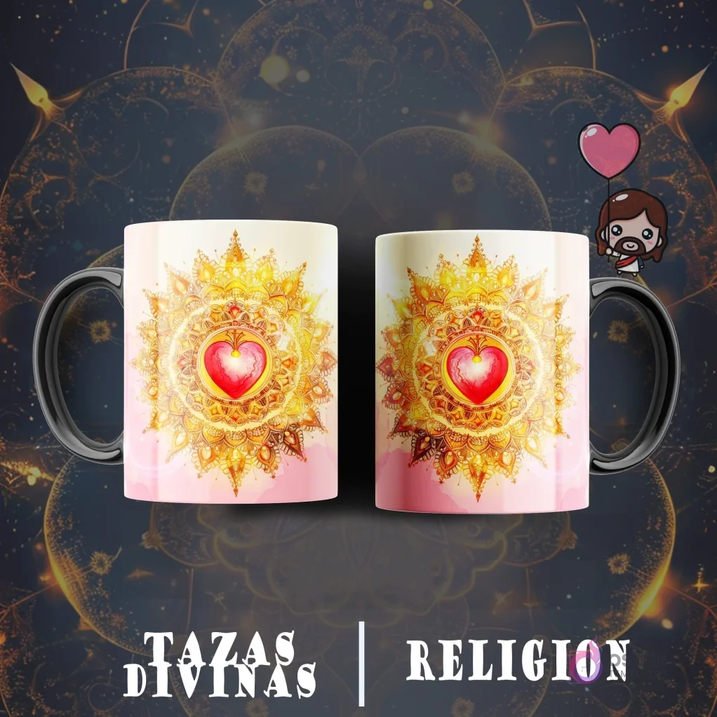 Taza sublimada con diseño de corazón rojo radiante al centro de un mandala dorado y un halo brillante sobre fondo suave.