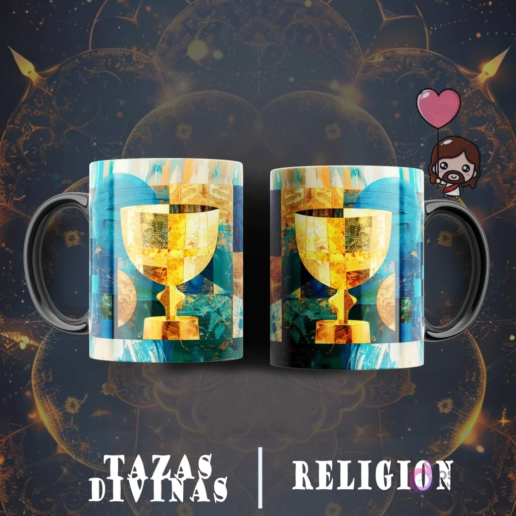 Taza sublimada con diseño de cáliz dorado brillante sobre un fondo abstracto en tonos azules, verdes y dorados con texturas geométricas.