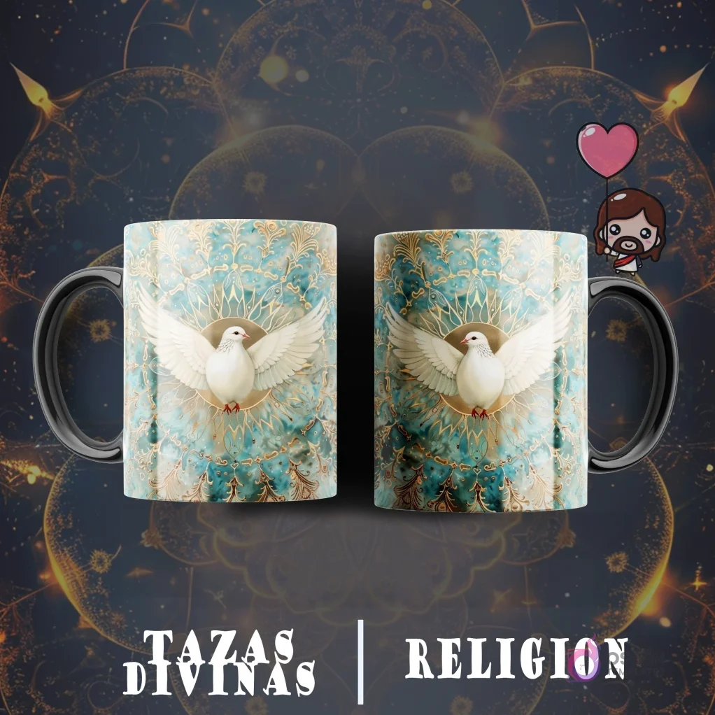 Taza sublimada con diseño de paloma blanca con alas extendidas, sobre un fondo de mandala complejo en tonos aguamarina y dorado.