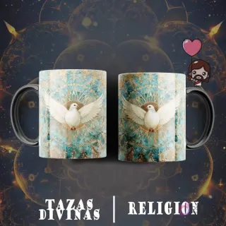 Taza sublimada con diseño de paloma blanca con alas extendidas, sobre un fondo de mandala complejo en tonos aguamarina y dorado.